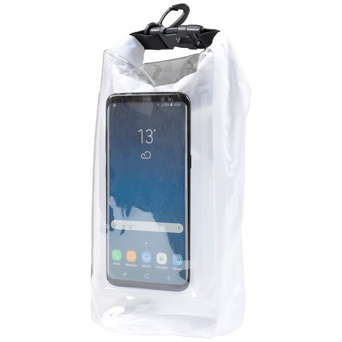 A clear 2.5L dry bag with a black clip, featuring a smartphone visible inside.