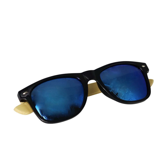Sunglasses with black frames and blue lenses, featuring bamboo-coated arms and a small logo.