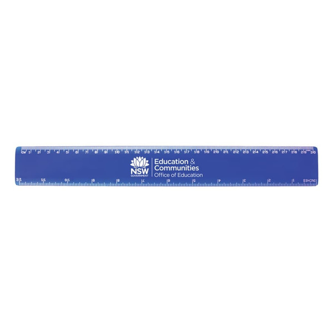 A blue 30cm plastic ruler featuring measurement markings and a logo.