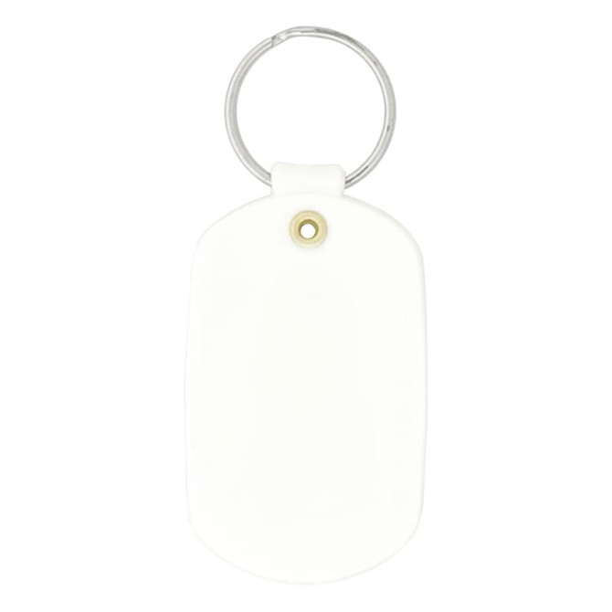 A white oval keychain featuring a silver keyring and a decorative brass eyelet.