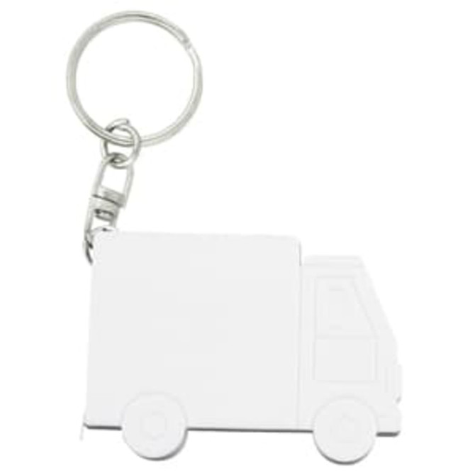 A keychain in the shape of a truck, featuring a metallic silver finish and a keyring attachment.