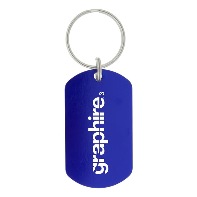 A blue dog tag keychain with a metal ring and a branding logo.