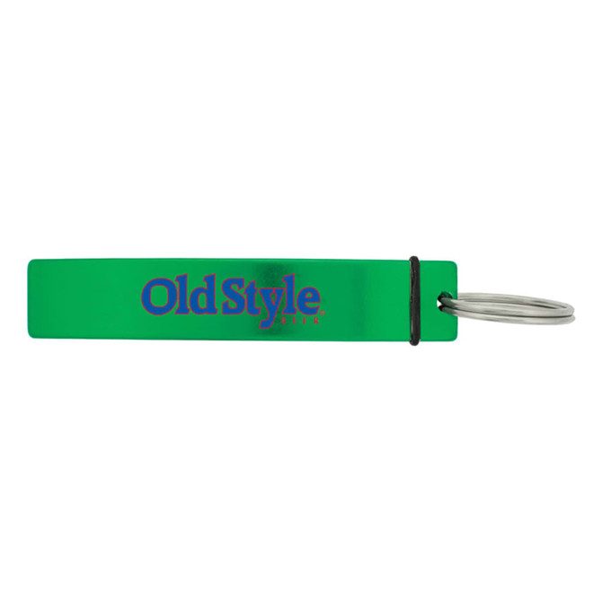 A green drink bottle opener with a metal keyring attachment and a branded logo.