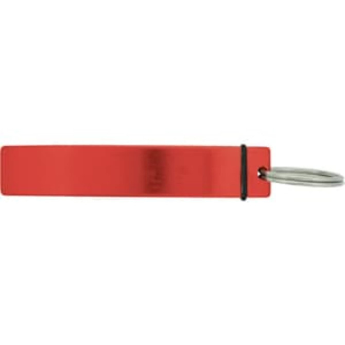 A drink bottle opener in red with a silver keyring attachment. It features a simple, flat design.