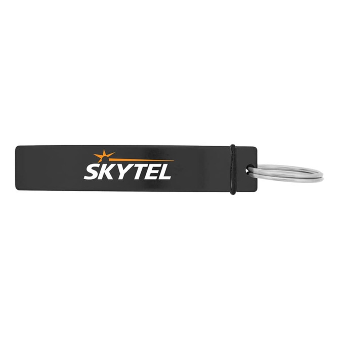 A drink bottle opener in black with a metal keyring and a logo displayed on the side.