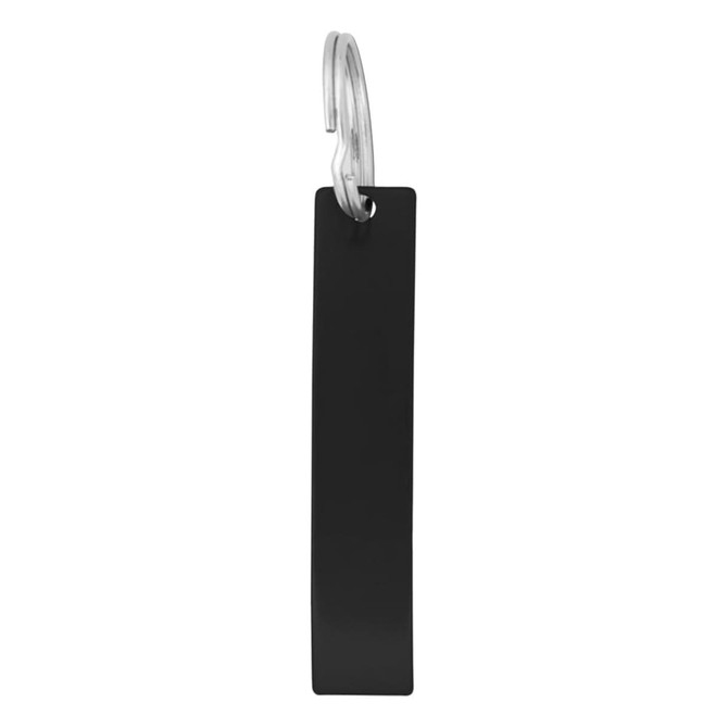 A drink bottle opener in black with a metallic silver keychain attachment, featuring a simple rectangular design.