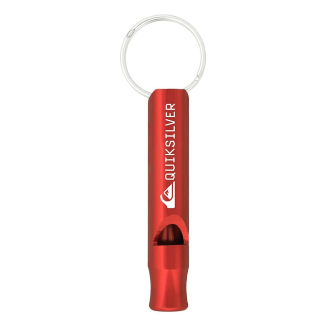 A red aluminium metal whistle keychain with a keyring attachment and branding.