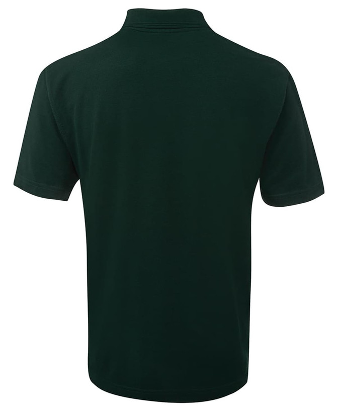 A dark green polo shirt with a collar and short sleeves, featuring a branding logo.
