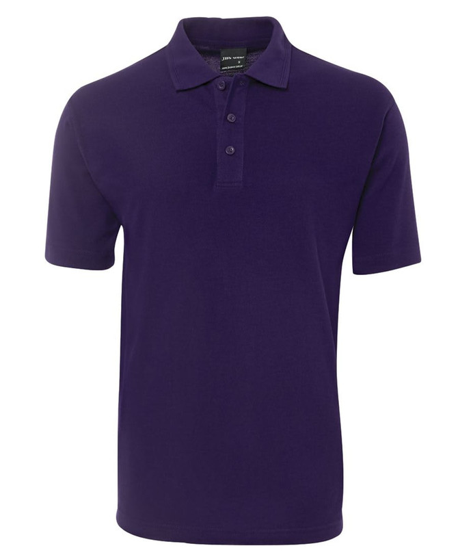A purple polo shirt featuring a classic collar and button placket, with a logo on it.