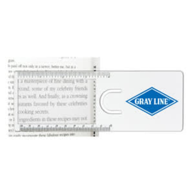 A clear magnifying ruler with a logo, placed over text in a book, featuring a built-in handle.