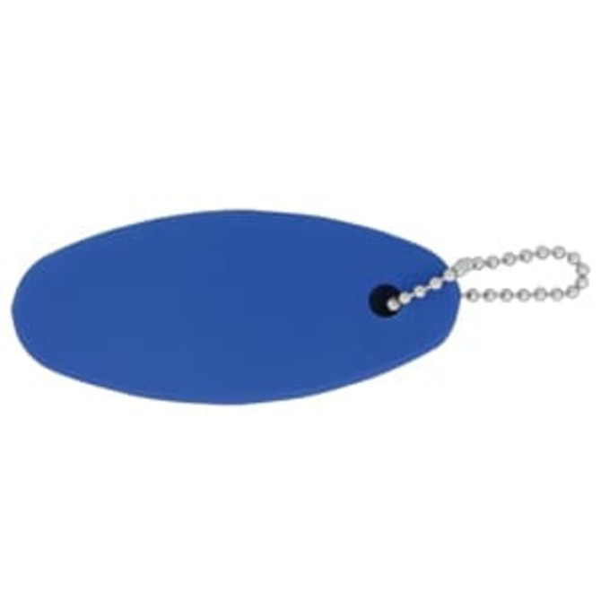 A blue floating keychain with a metal ball chain attached, featuring a simple oval shape.