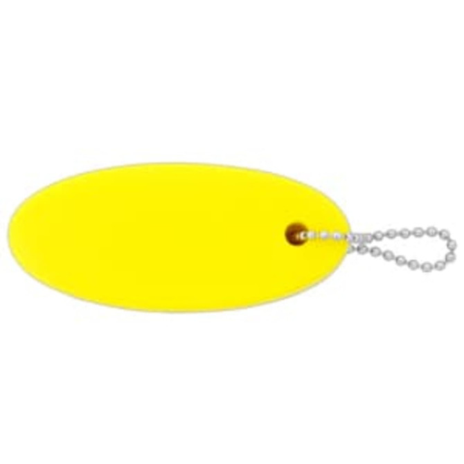 A bright yellow oval floating keychain with a silver ball chain attached.
