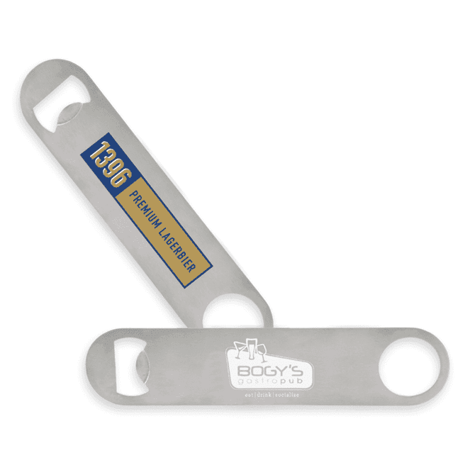 A drink bottle opener made of stainless steel featuring a logo and two bottle-opening ends in a sleek design.