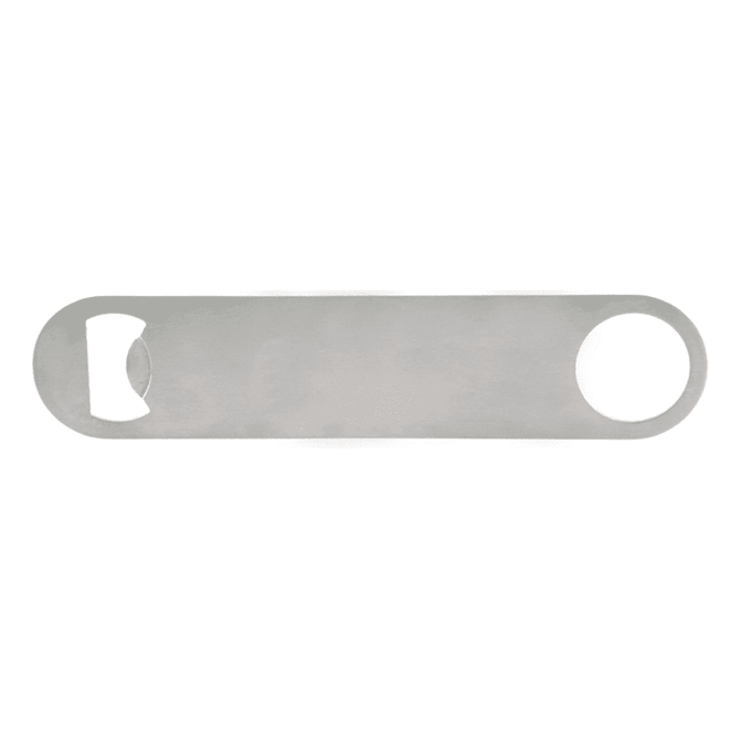A stainless steel bottle opener in a sleek, minimal design featuring a bottle cap remover and a circular handle.
