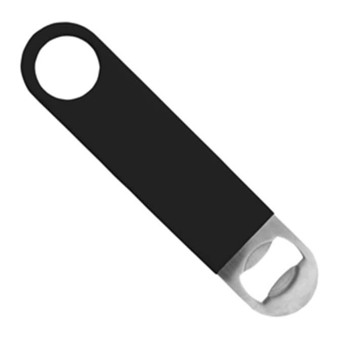 A drink bottle opener in black, featuring a metal top for opening caps and a circular handle.