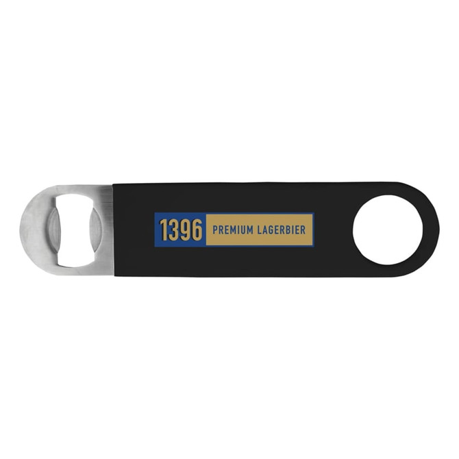 A drink bottle opener in black with a metallic bottle-opening end and a logo.