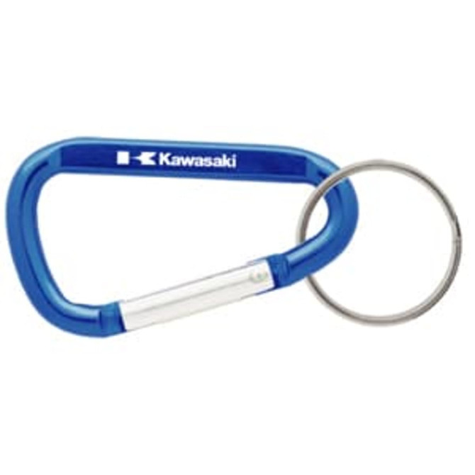 A blue 60mm carabiner with a silver section and a keyring attachment, featuring a logo.