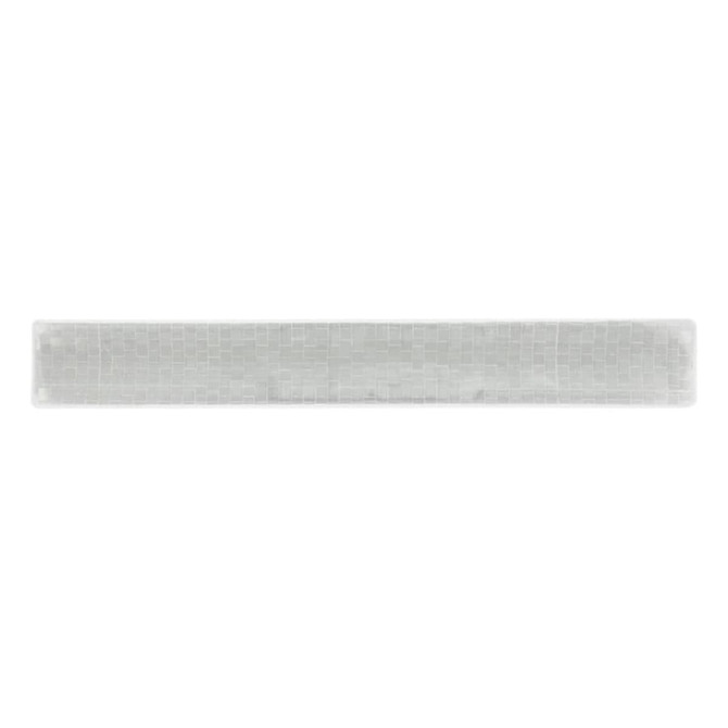 A reflective slap wristband in a transparent colour with a textured pattern and branding.