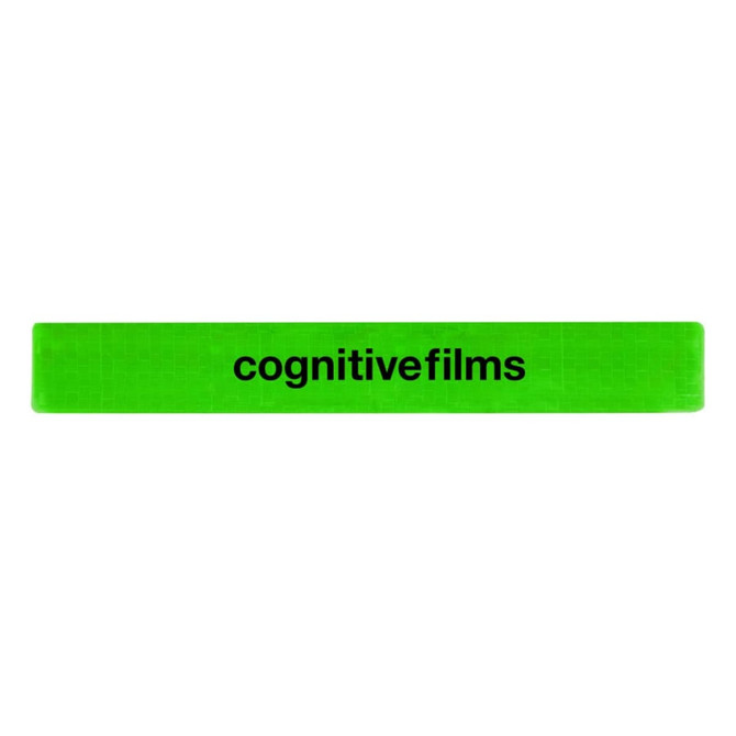 A reflective slap wristband in vibrant green featuring a logo or branding.