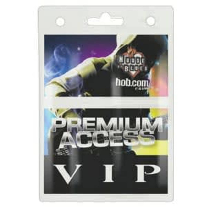A transparent badge holder in a rectangular shape, featuring a logo and bold text at the bottom.