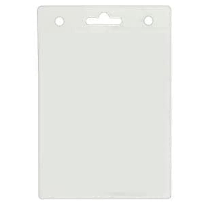 A clear plastic badge holder measuring 110mm W x 160mm H with a slot for attachment at the top.