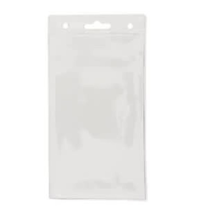 A clear, plastic badge holder with a top opening and a hanging hole for attachment.