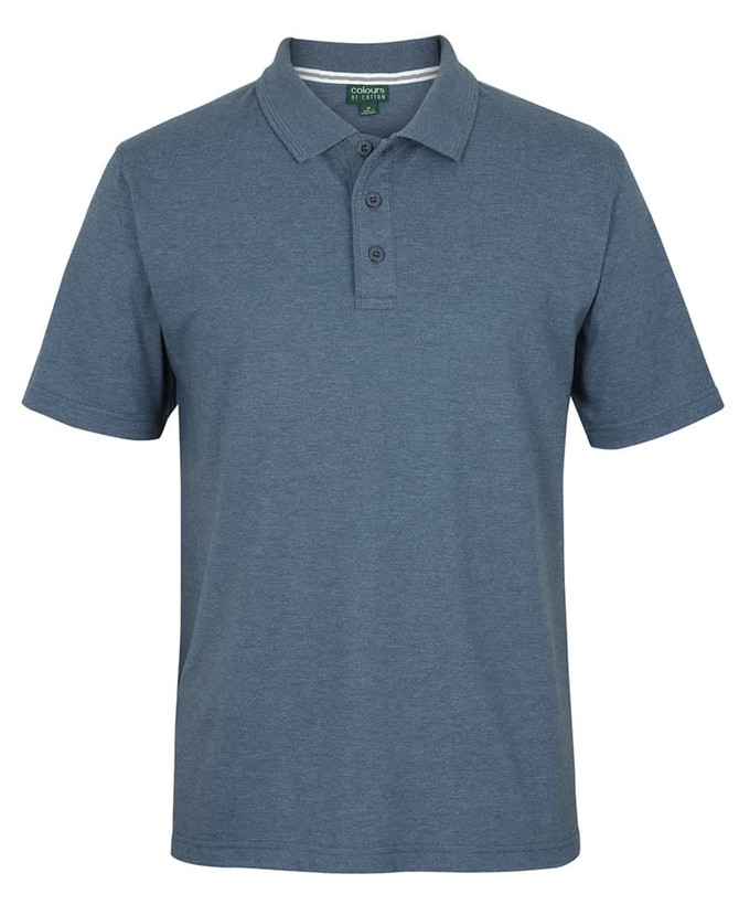 A blue polo shirt featuring a classic collar and three-button placket, with a logo on the chest.