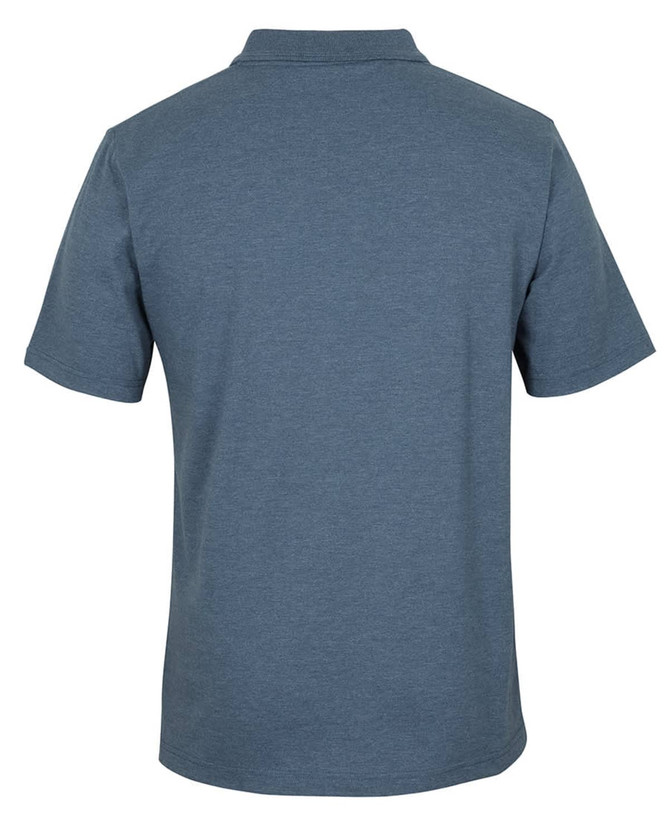 A blue polo shirt featuring a collar and short sleeves, with a logo on the back.