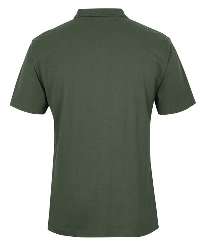 A green polo shirt with short sleeves and a collar, featuring a logo on the back.
