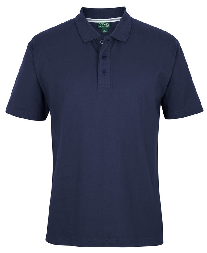 A navy blue polo shirt with a collar and three buttons, featuring a branding logo.
