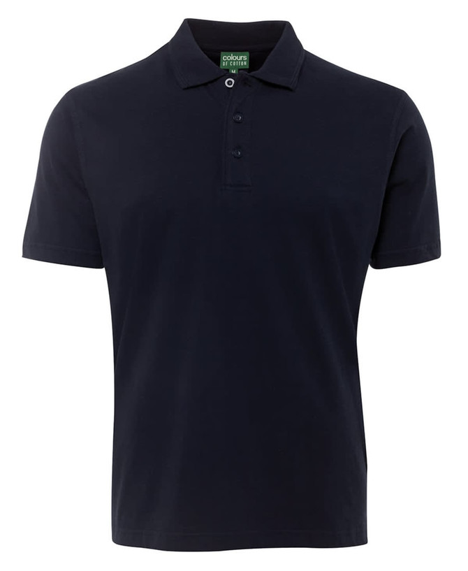 A black polo shirt with a collar and three buttons, featuring a logo on the tag.