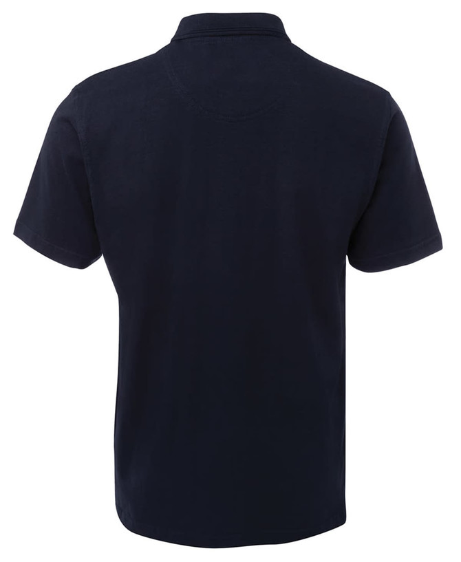 A navy blue polo shirt with a classic collar and short sleeves, featuring a logo on the chest.