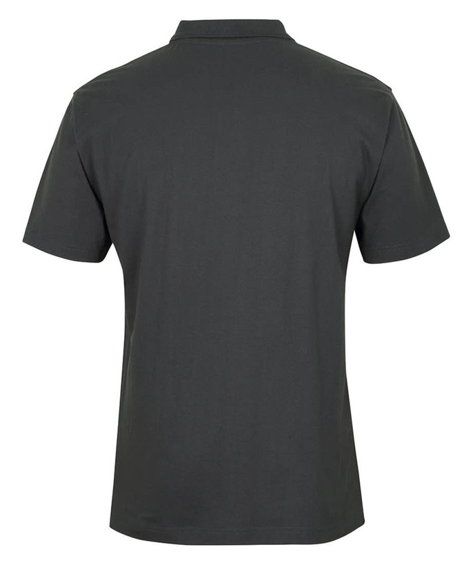 A dark grey polo shirt with a classic collar and short sleeves, featuring a logo on one side.