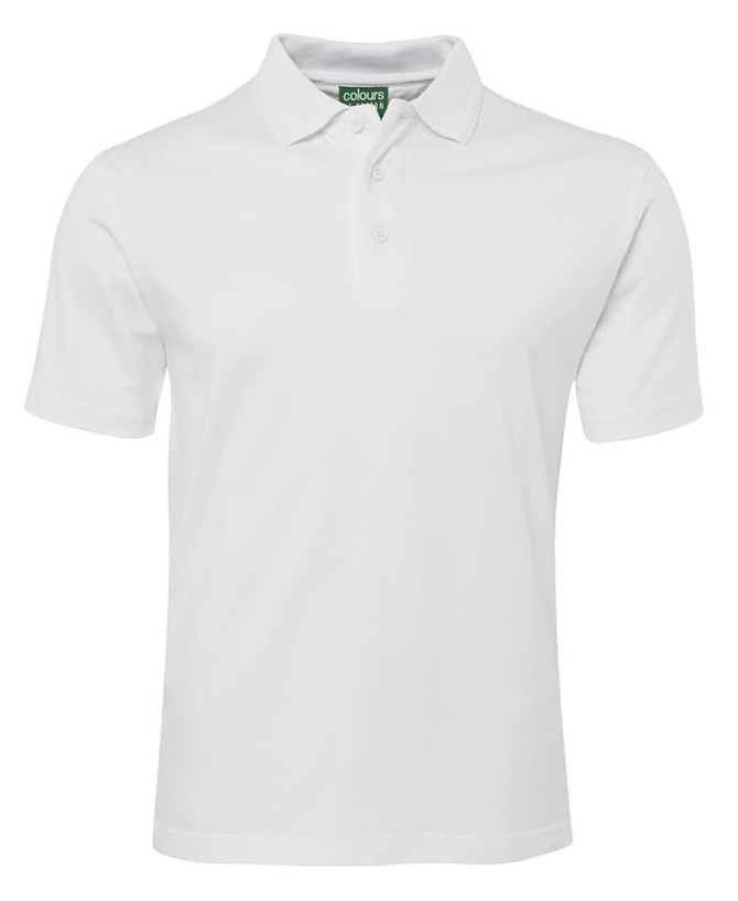 A white polo shirt with short sleeves and a collar, featuring a logo on the neckline.
