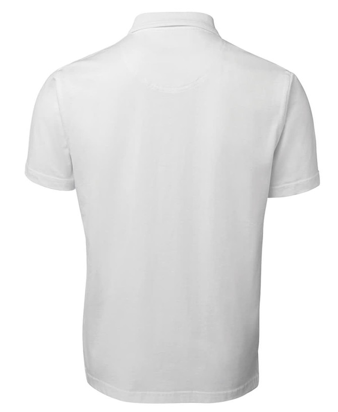 A plain white polo shirt featuring a collar and short sleeves, complete with a logo on the chest.