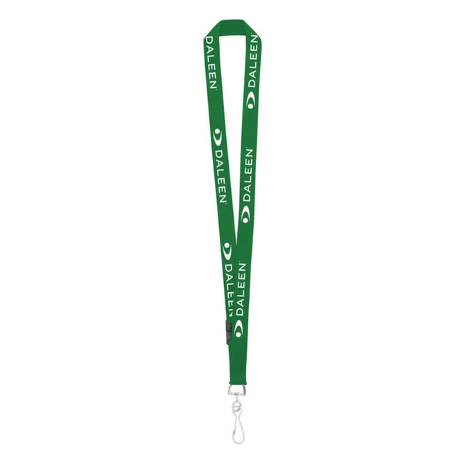A green custom lanyard featuring a logo and text in white, with a metal clip at the end.