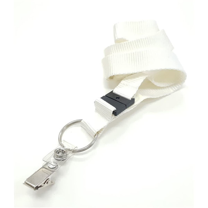 A 19mm custom lanyard in white with a clip and ring attachment, featuring a branded logo.