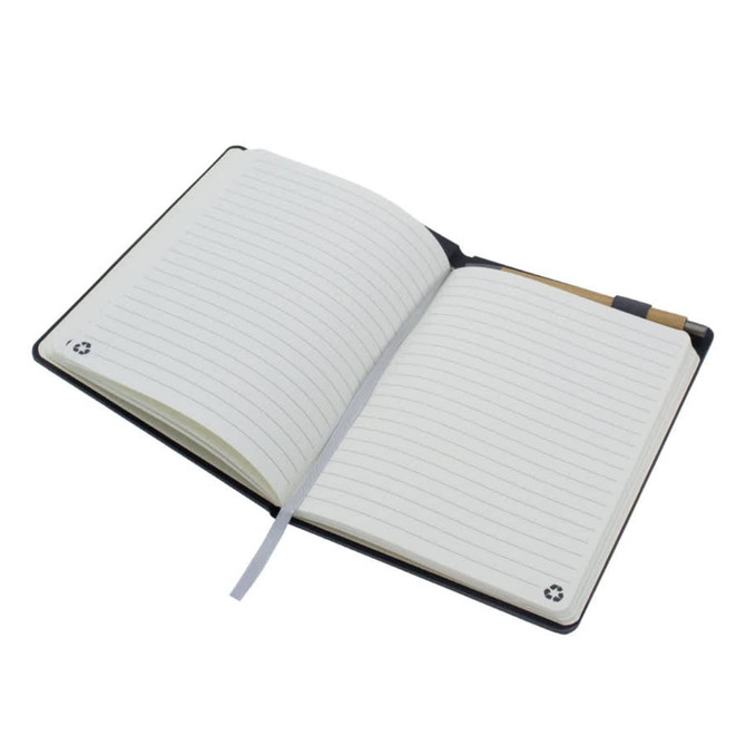 A black A5 notebook with lined pages, featuring a ribbon marker and a small logo on the cover.