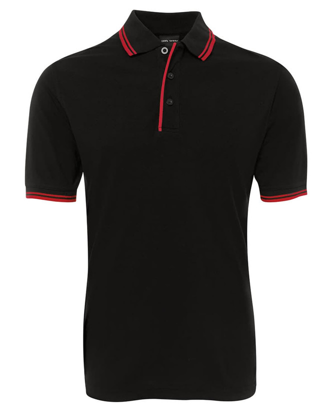 A black polo shirt with red contrast accents on the collar and sleeves, featuring a three-button placket and a logo.
