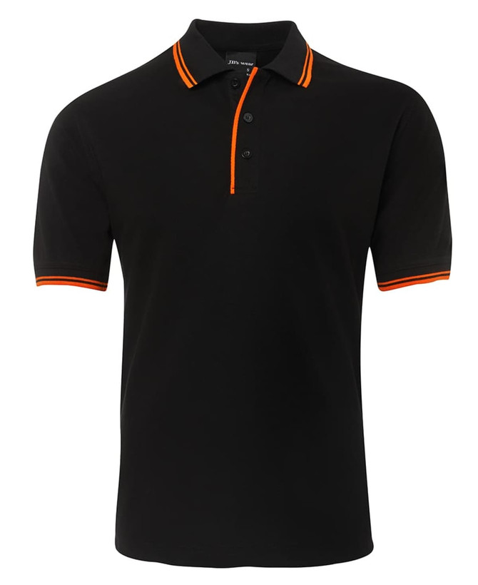 A black polo shirt with contrasting orange stripes on the collar and sleeves. Features a logo on the chest.