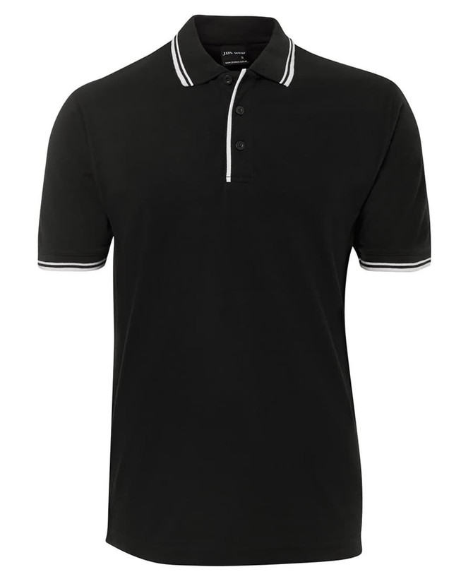 A black polo shirt with contrasting white striped details on the collar and sleeves, featuring a logo.