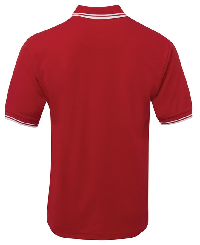A red polo shirt with contrasting white stripes on the collar and sleeves, featuring a logo.