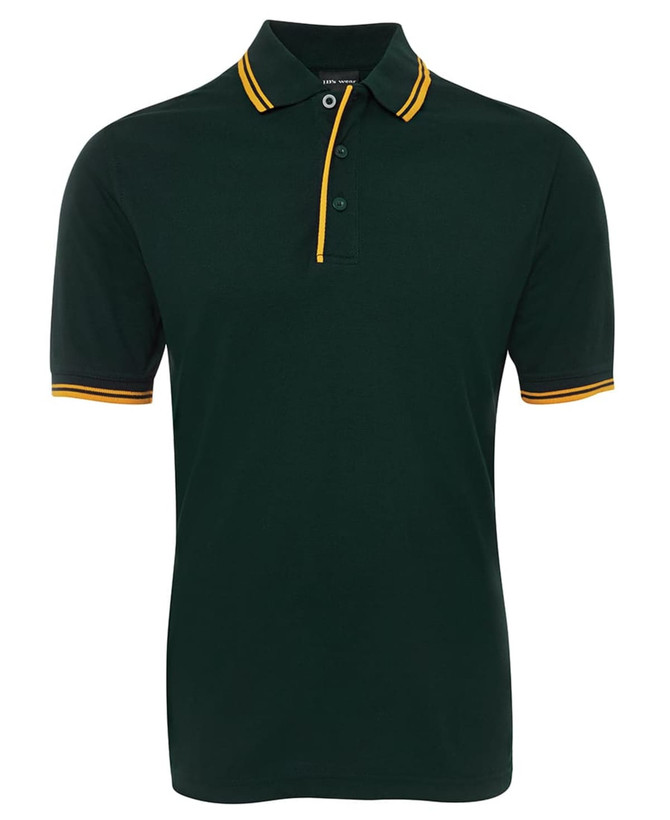 A dark green polo shirt with yellow contrasting collar and sleeve trims, featuring a button-up design and a logo.