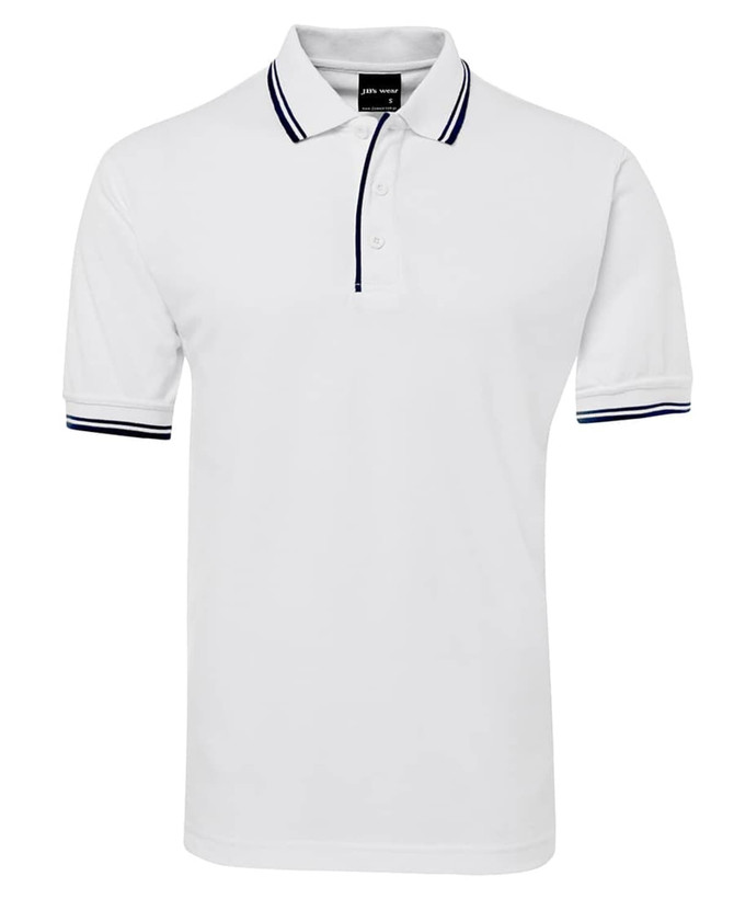 A white polo shirt with contrasting navy stripes on the collar and sleeves, featuring a logo on the chest.