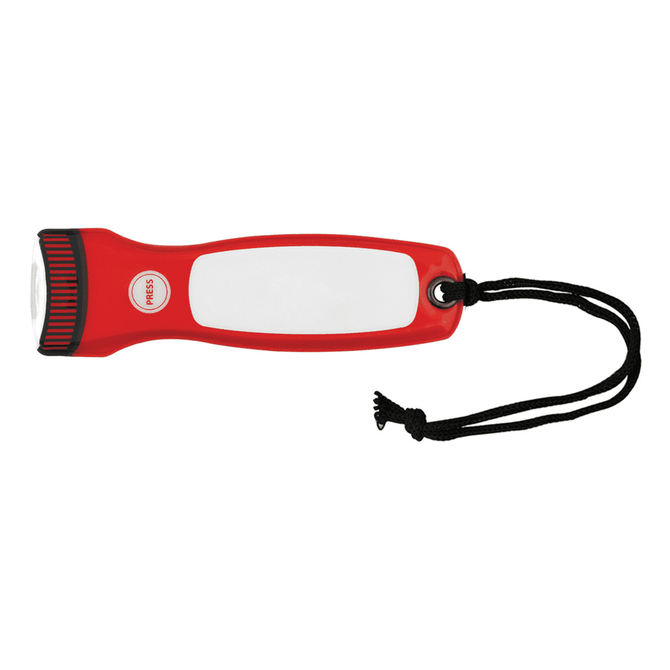 A red flashlight with a white panel and a wrist strap. It features a logo on the body.