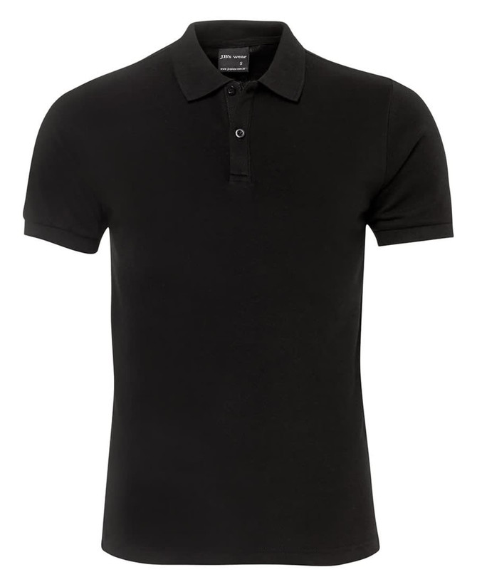 A black fitted polo shirt with a collar and three buttons, featuring a logo on the chest.