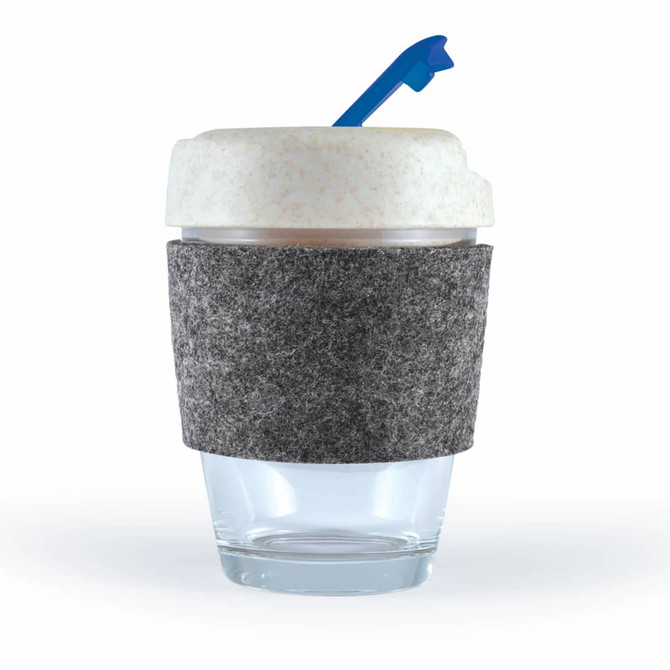 A reusable coffee cup with a white lid and a gray felt band, featuring a blue straw.