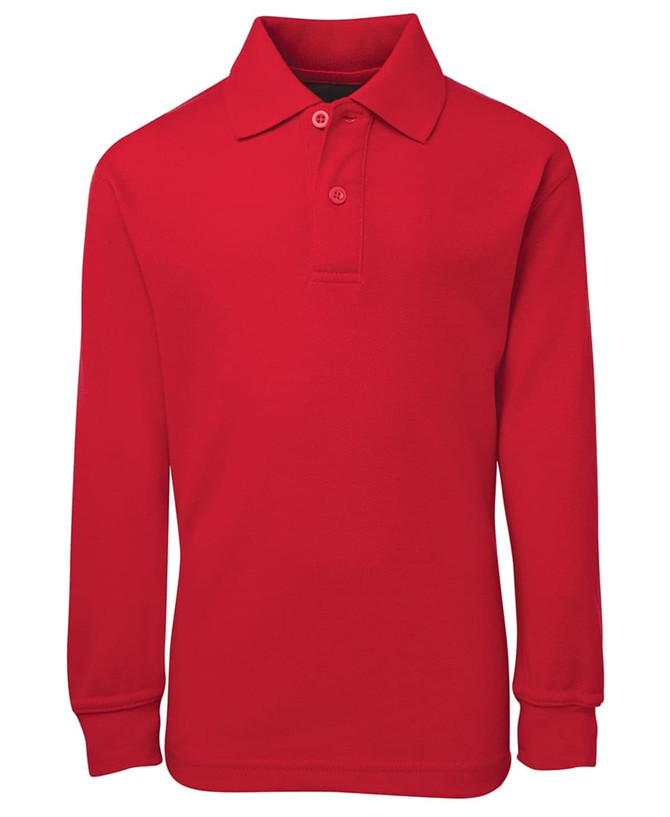 A red long-sleeve polo shirt with a collar and buttons, featuring a logo on the chest.
