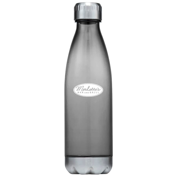 A drink bottle made of grey plastic with a sleek design and a metallic cap, featuring a logo.