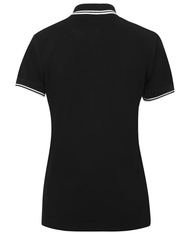A black ladies' polo shirt featuring a contrast collar and sleeves, with a logo on the chest.